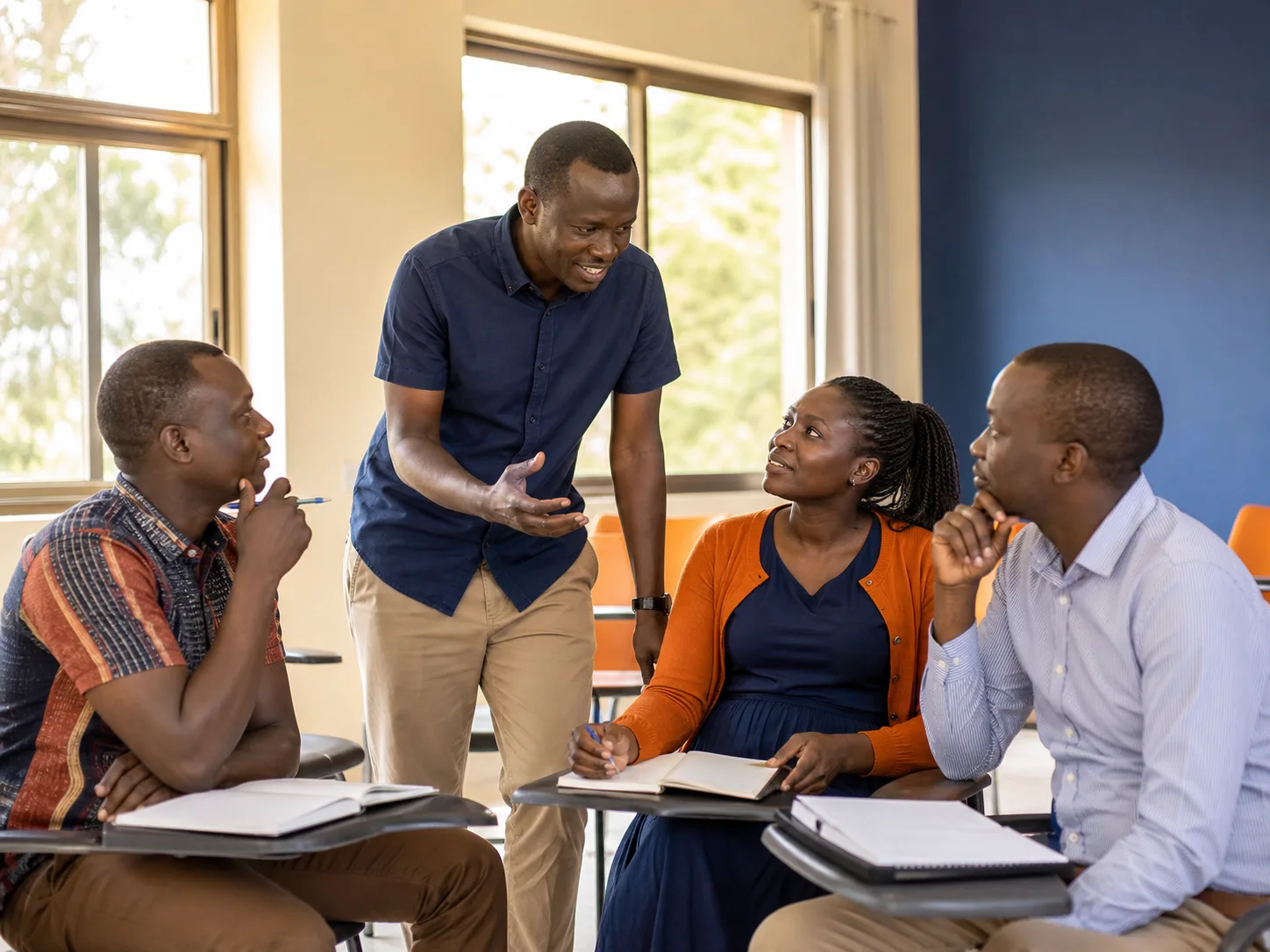 A JIL tutor guiding adult learners through a practical language exercise
